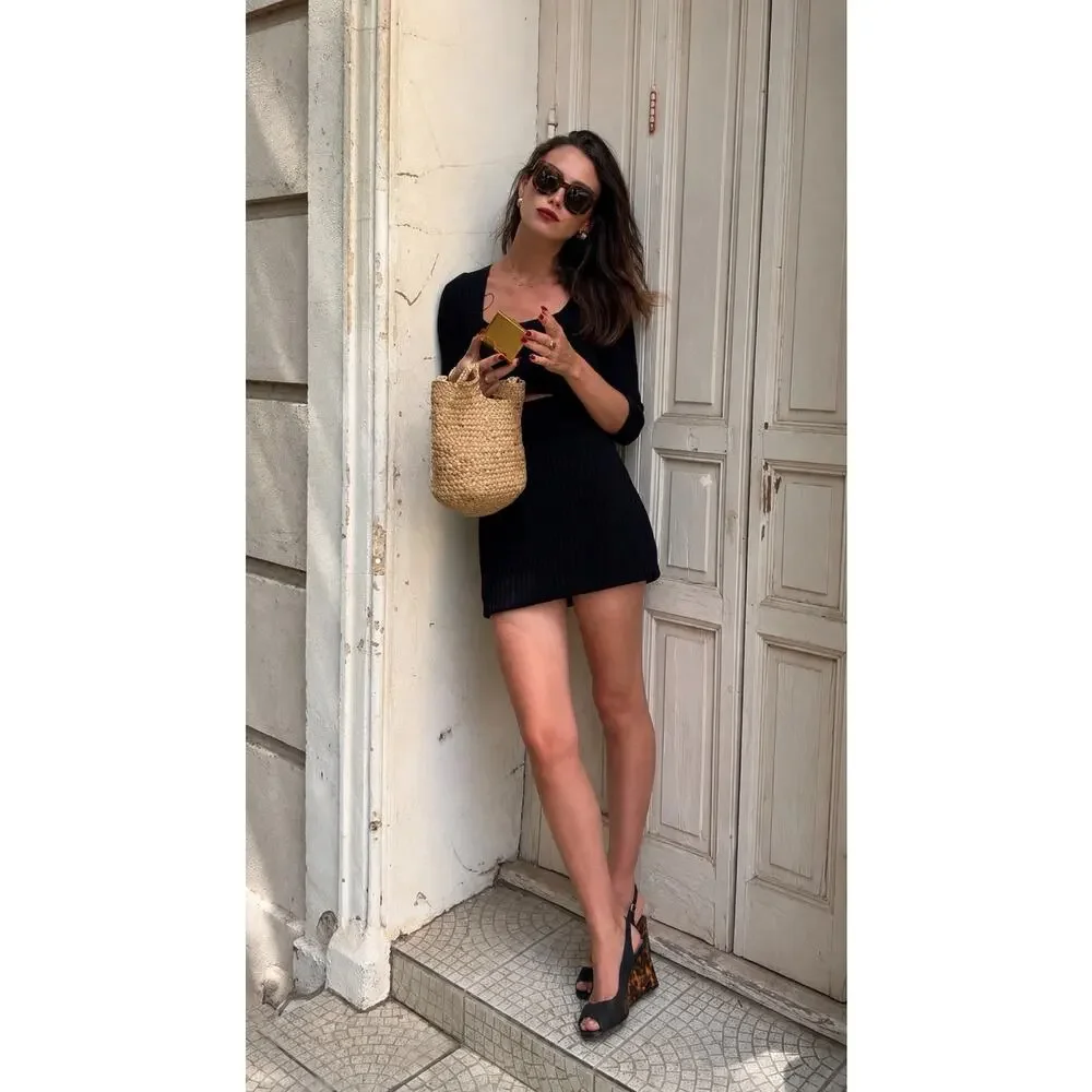 Vintage Stuart Weitzman Black Peep Toe Slingback Wedges Tortoise Resin Heels - Picture 2 of 16
